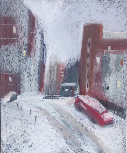 Red car and red houses. It`s snowing. Snow landscape by Natasha Voronchikhina