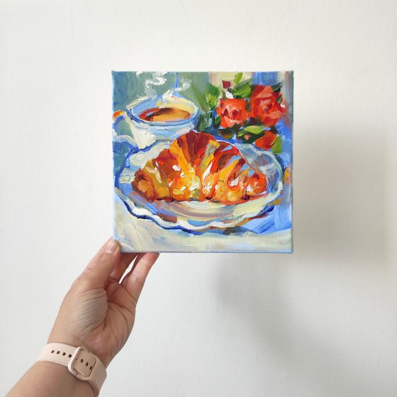 Croissant and Coffee. Oil Painting.