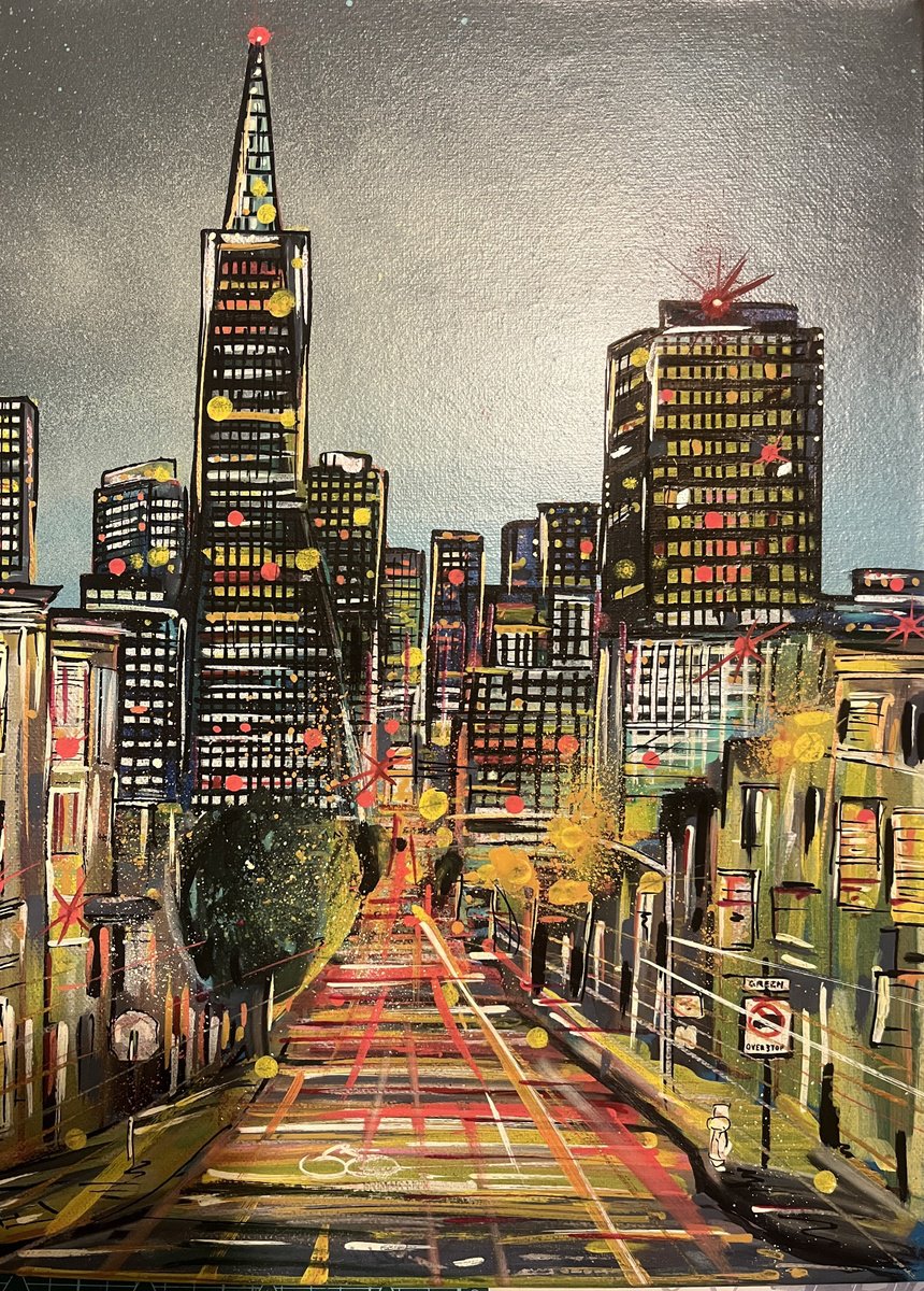 Illustrative Cityscapes Painting By John Curtis, 12 X 16, San Francisco, Original Artwork