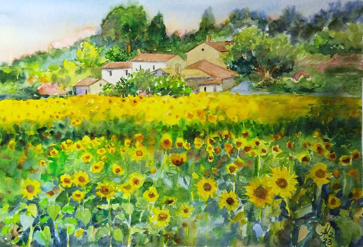 Impressionistic Landscape Watercolour By Ann Krasikova, 20 X 14, Field Of Yellow Sunflowers, Original Artwork