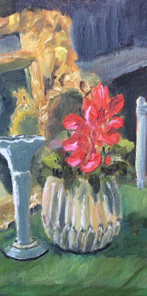 Still life oil painting, Cyclamen in a pot before an antique mirror by Julian Lovegrove Art