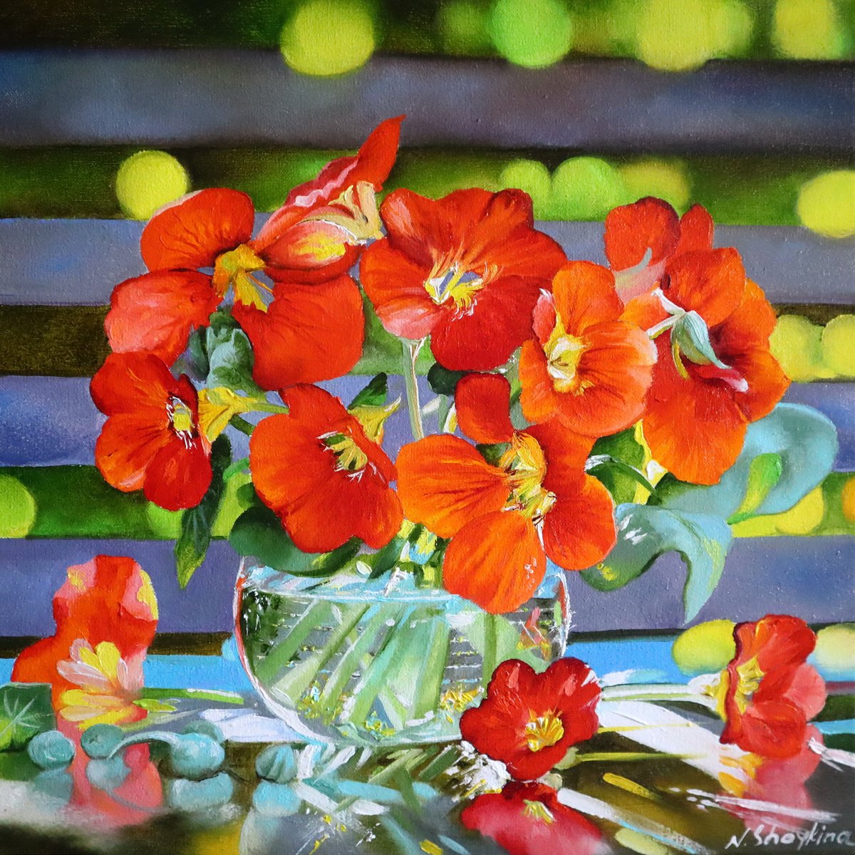 Impressionistic Animal Oil Painting By Natalia Shaykina, 12 X 12", Nasturtium, Original Artwork