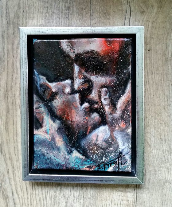 "Kiss " Original mixed media  painting on canvas 22x28x,4cm.ready to hang,framed