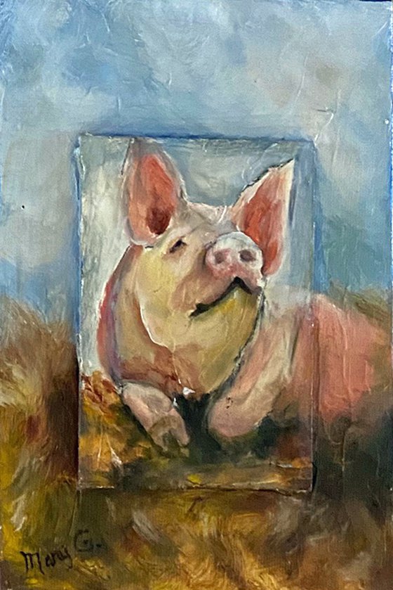 Cute Piglet oil painting collection 3x4 image on 5x7 mat with easel