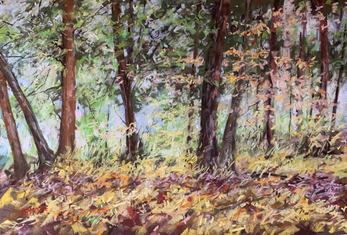 Impressionistic Landscape Pastel Drawing By Andrew Moodie, 24 X 16, Woodland Fall, Original Artwork