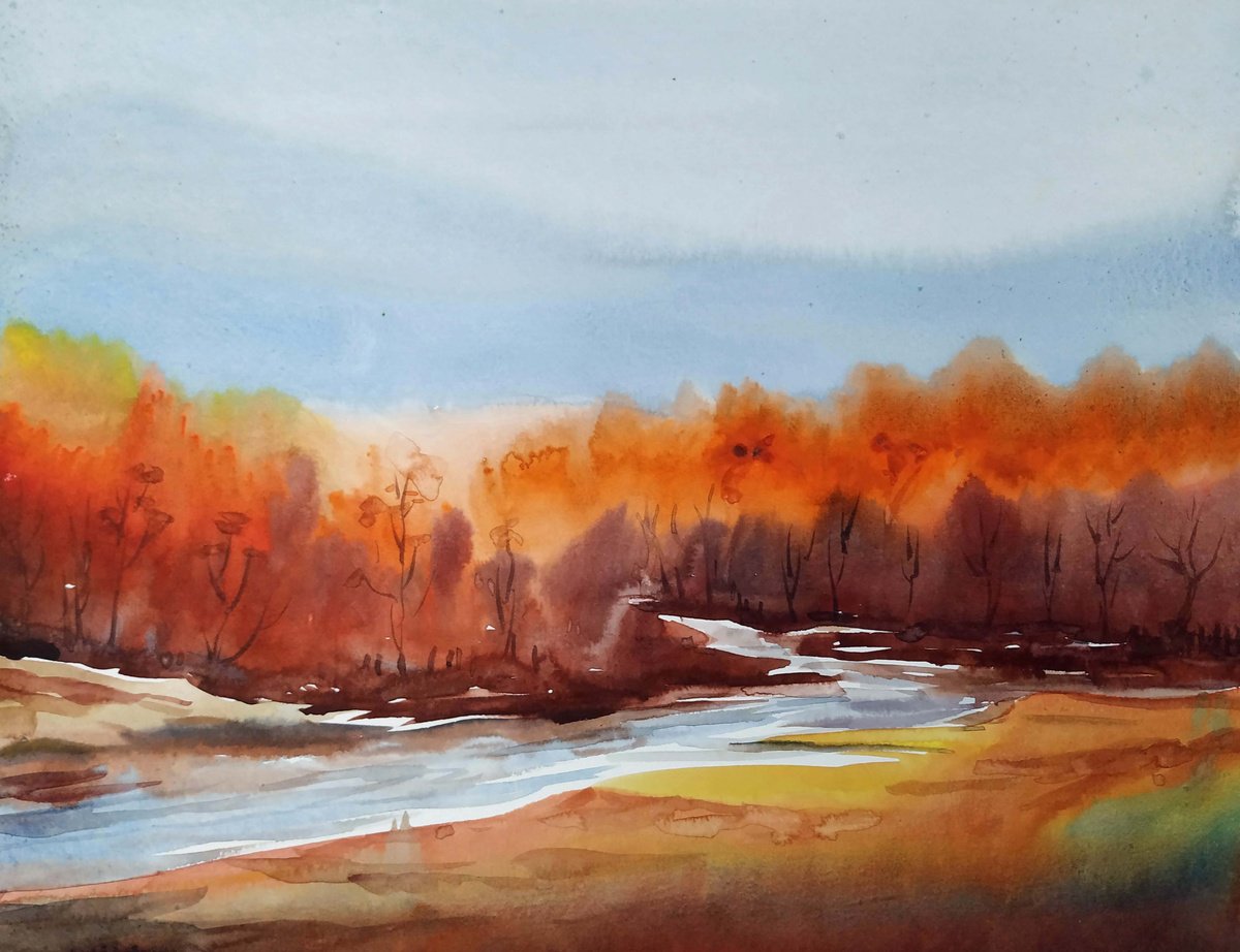 Impressionistic Landscape Watercolour By Samiran Sarkar, 14 X 11", Mountain Autumn Forest, Original Artwork