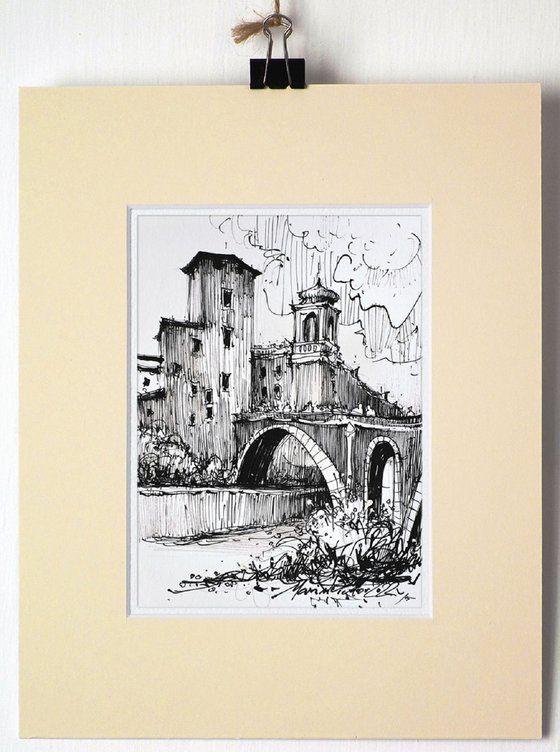 Rome, Ponte Fabricius, ink original drawing on paper, 2022