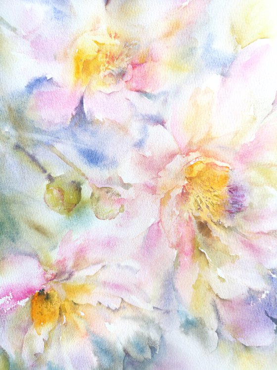 Watercolor floral painting, diptych "June peonies"