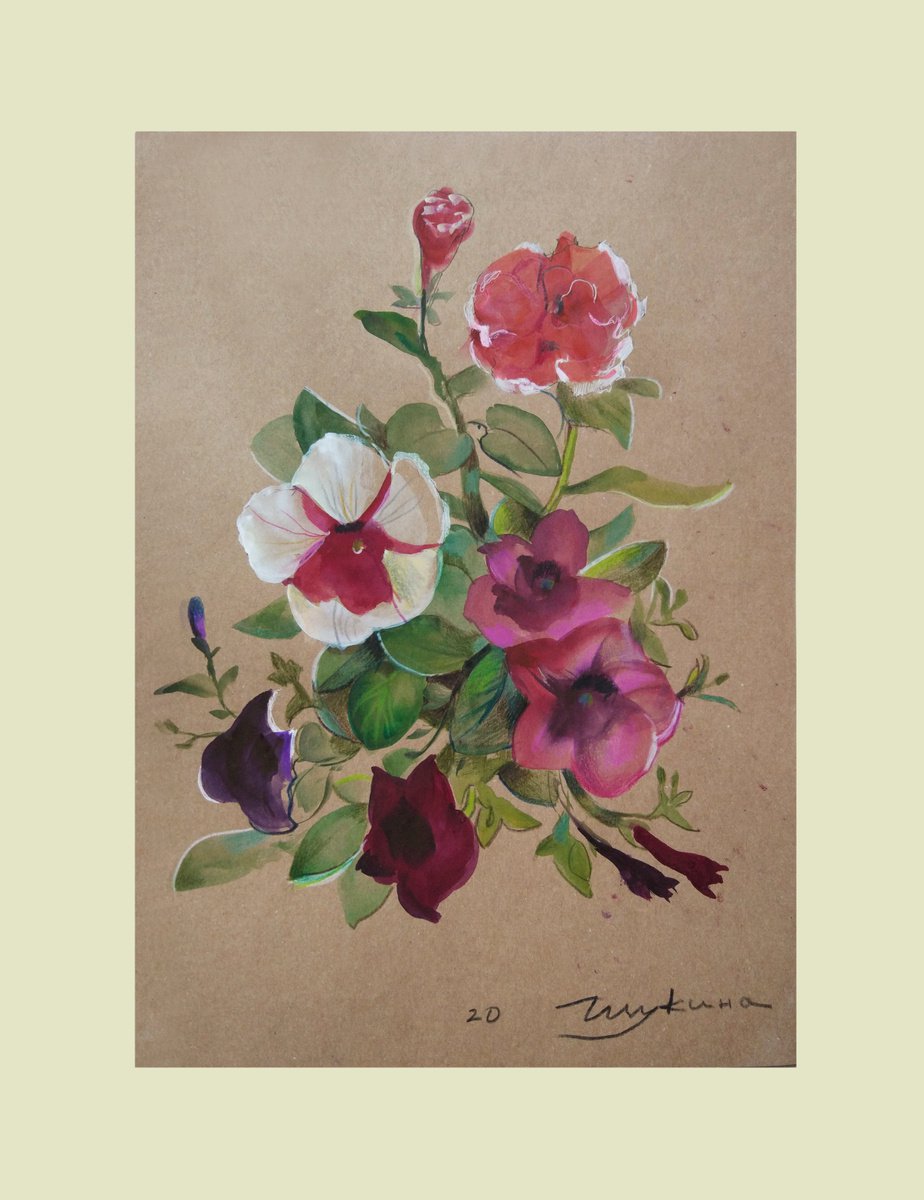 Botanical Watercolour By Helen Shukina, 11 X 17, Garden Petunias Etude, Original Artwork