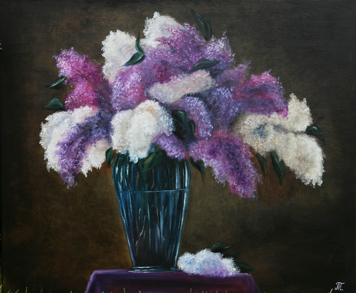Impressionistic Botanical Oil Painting By Tanja Frost, 24 X 20", Elegant Beauty: Lilac Bouquet, Original Artwork