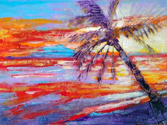 Hawaii Painting Palm Tree Original Art Seascape Impasto Oil Painting Boat Small Artwork