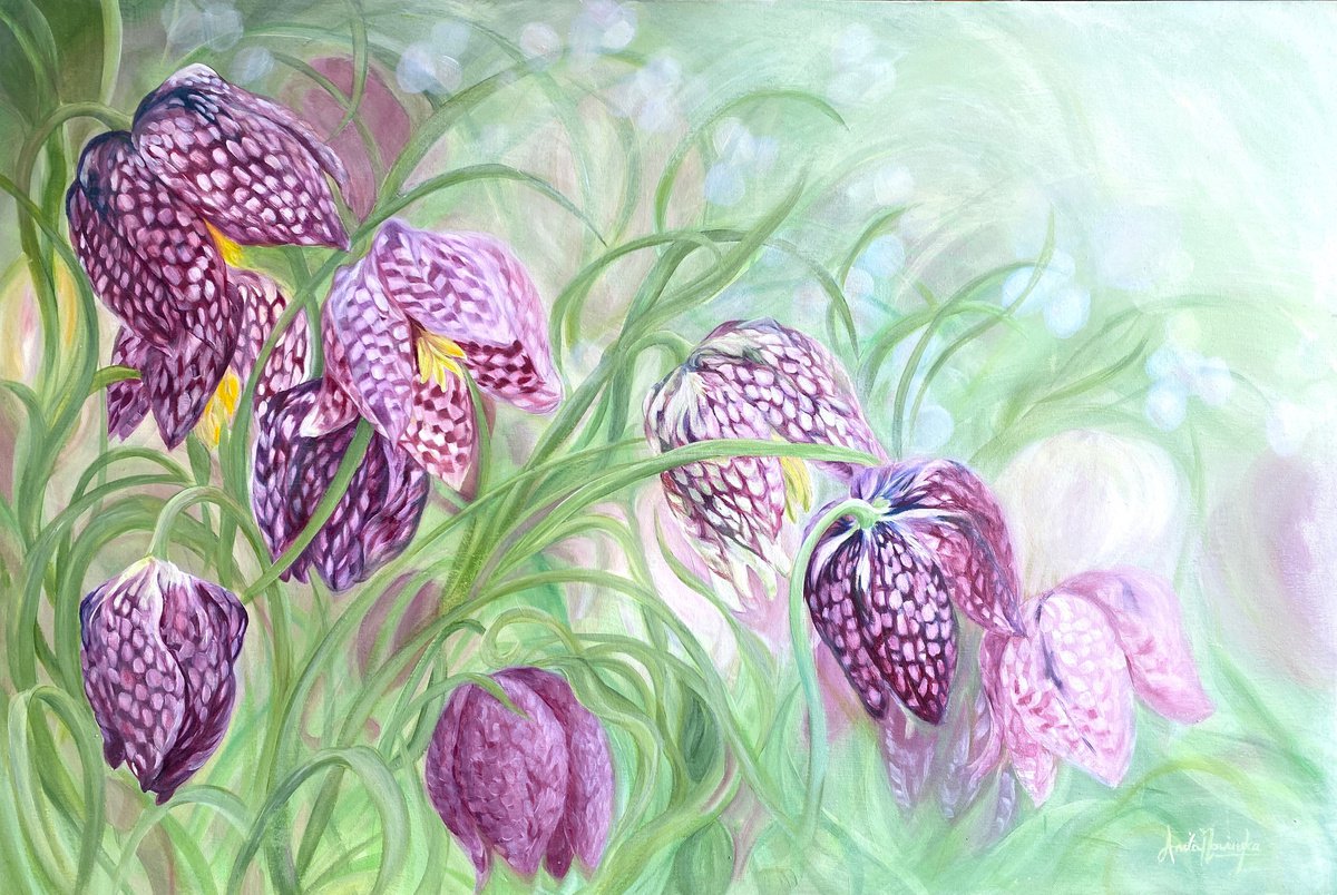 ’Revivify’- Snakes Head Fritillary flower Painting by Anita Nowinska