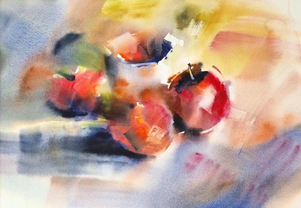 Abstract Still Life Watercolour By Elena Genkin, 22 X 15, Still Life With Red Apples, Original Artwork