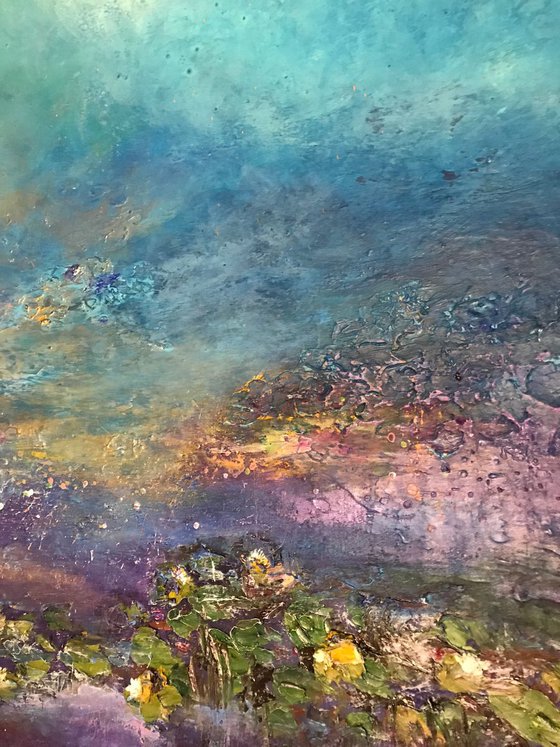 " Afterglow" water lilies pond abstract floral painting purple turquoise with gold