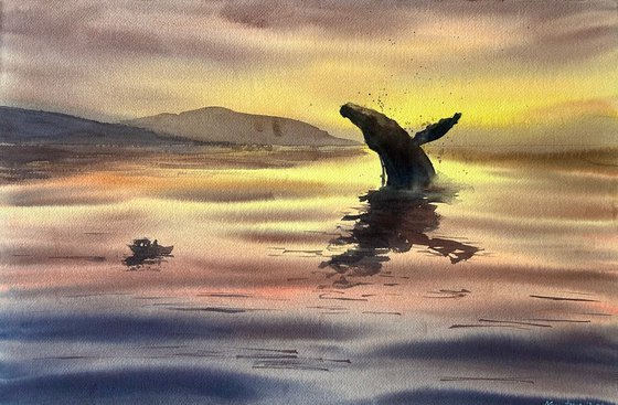 Original watercolour painting, Whale Jump
