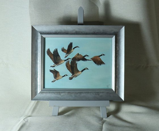 Flying, Geese Painting, Bird Artwork, Framed and Ready to Hang