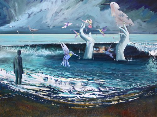 Bells Beach  (Large Surrealist Climate Change, Portraits from the Precipice Painting) by Simon Jones