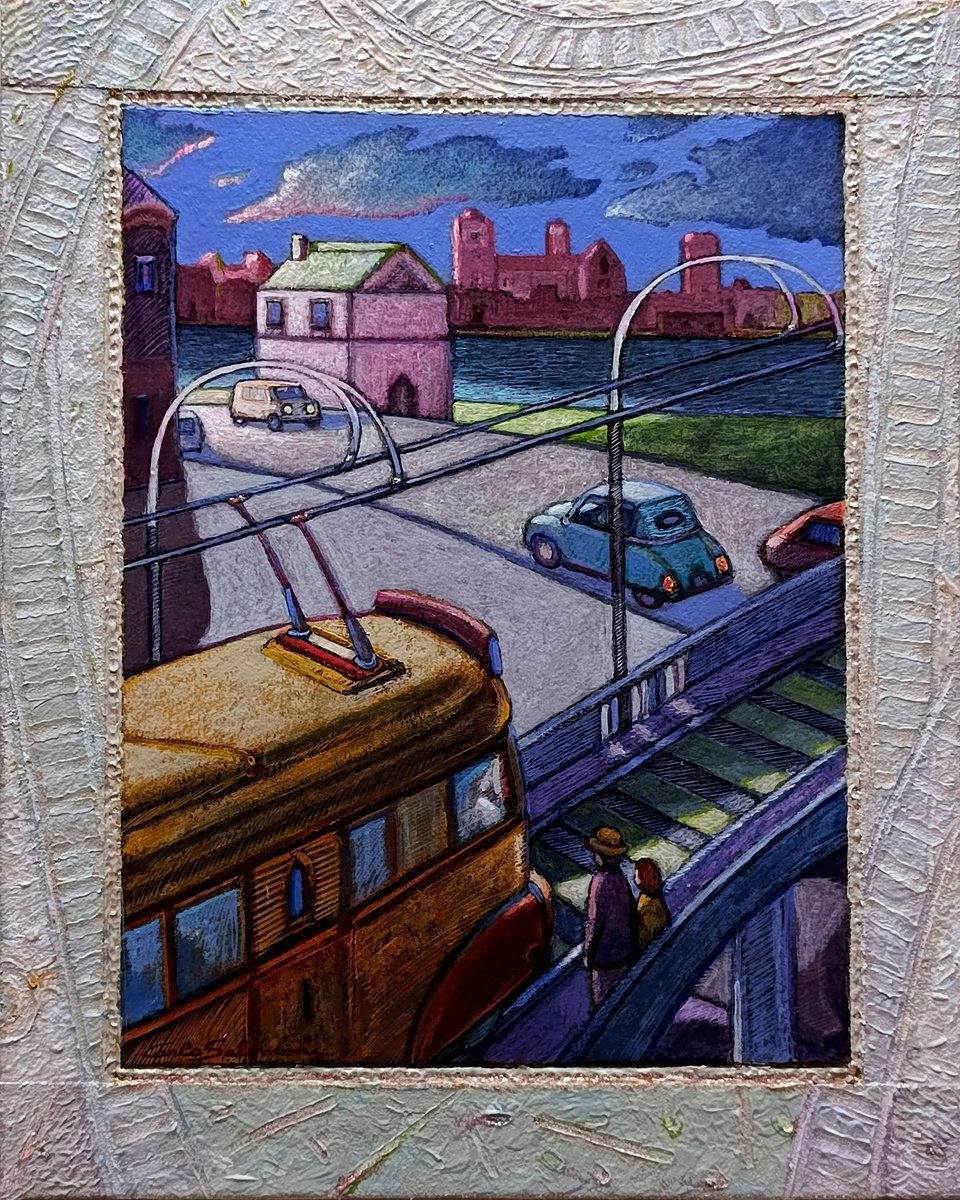 Surrealistic Cityscapes Acrylic Painting By Carlo Salomoni, 13 X 16, At The Tram Stop, Original Artwork