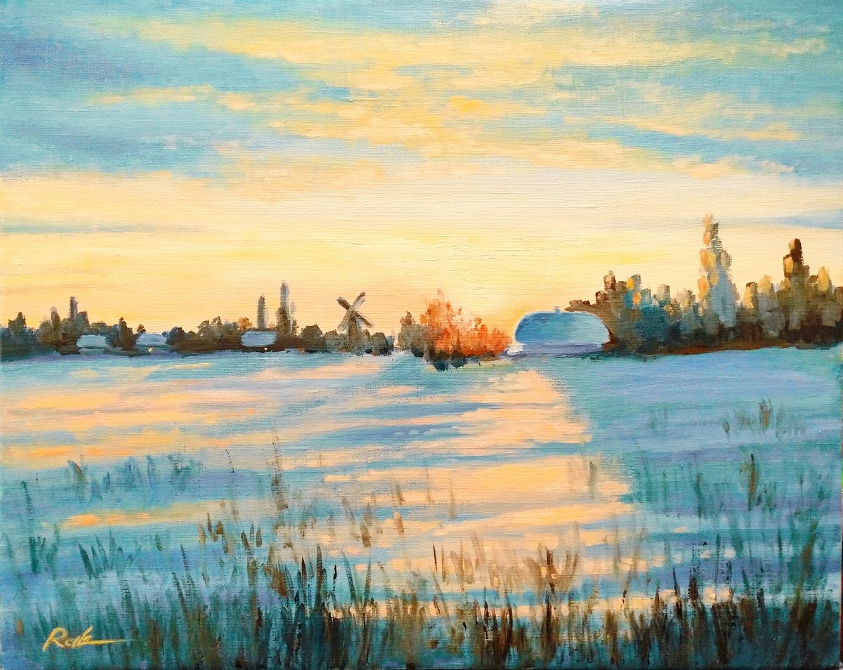 Impressionistic Landscape Oil Painting By Oleh Rak, 20 X 16", Winter Sun, Original Artwork