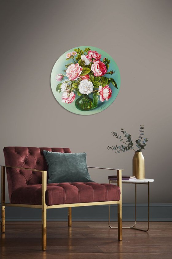 Original painting 22.4 inches 57 cm, Dutch still life Flowers, round pattern, flowers painting, still life flowers, old style painting, hyperrealism