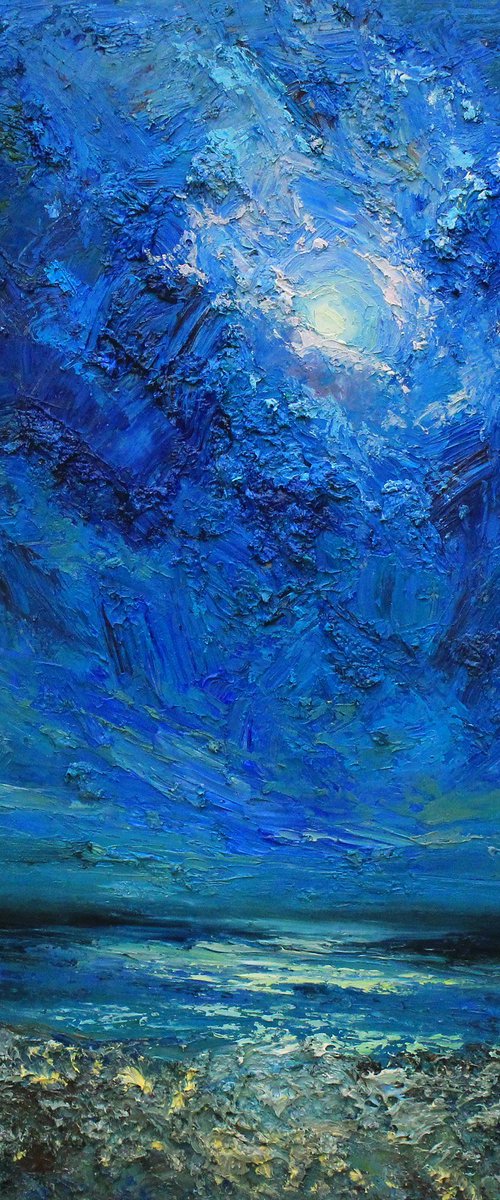 Night in blue. Moon and clouds seascape by Alisa Onipchenko-Cherniakovska
