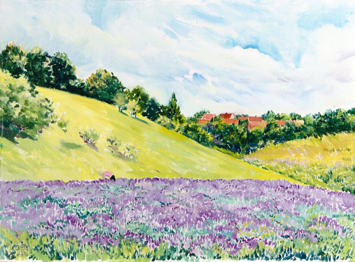 Impressionistic Landscape Oil Painting By Daria Galinski, 16 X 12, Lavender Field, Original Artwork