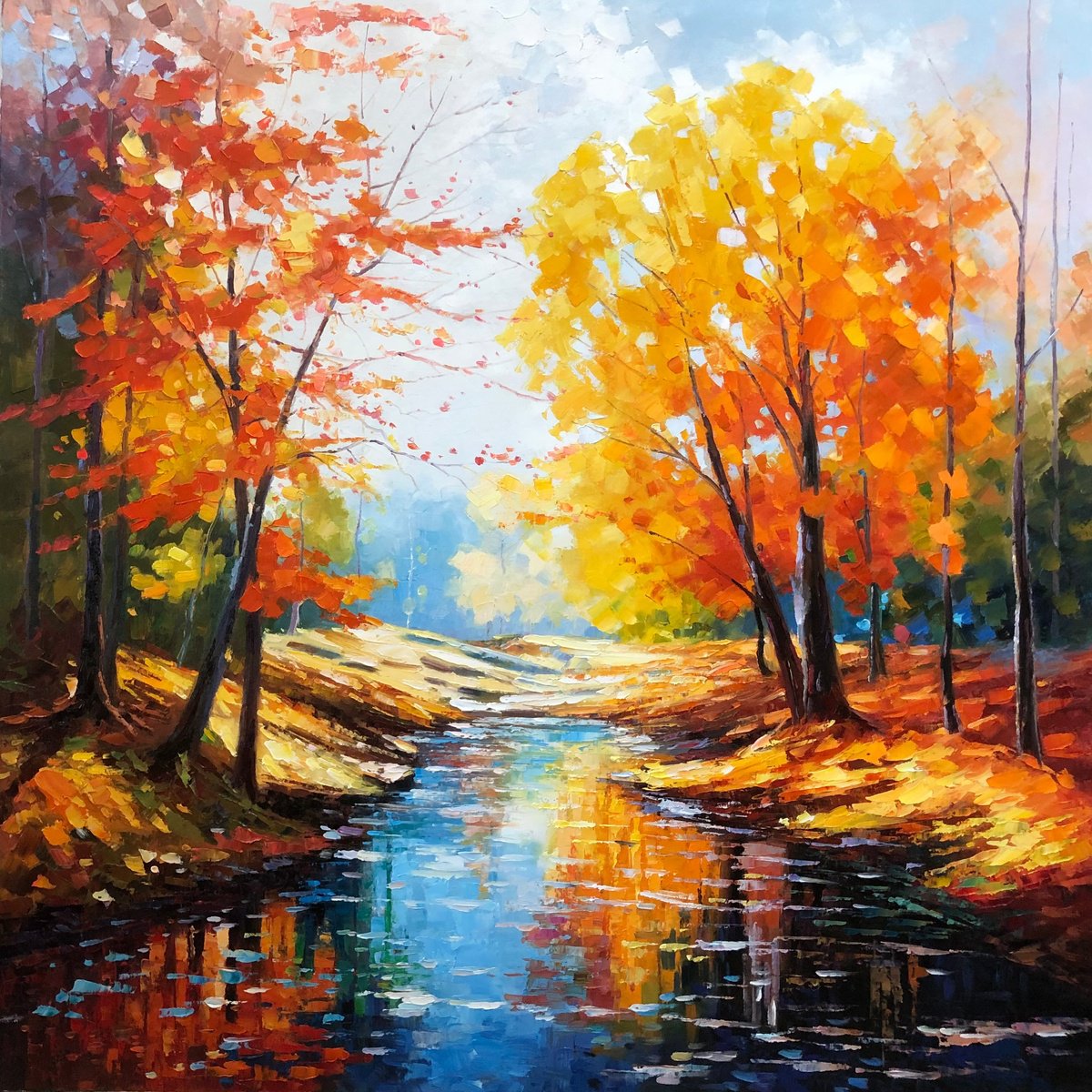 Impressionistic Landscape Oil Painting By Jianzhe Chon, 39 X 39, Autumn Forrest Z017, Original Artwork