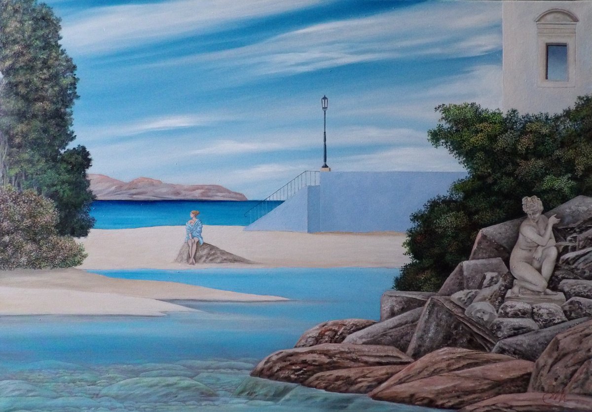 Surrealistic Oil Painting , The Blue Bathrobe By Cecco Mariniello, 39 X 28, Artwork For Sale On Artfinder