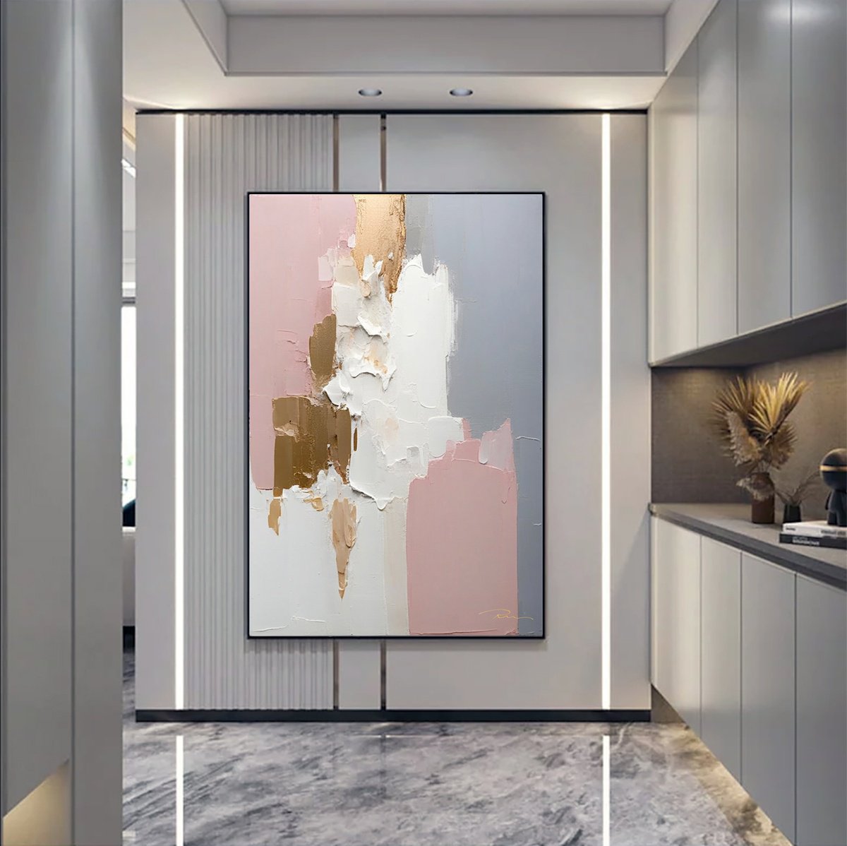 Abstract Acrylic Painting By Indie Ru, 39 X 59, Dusty Rose And Gold Abstract, Original Artwork