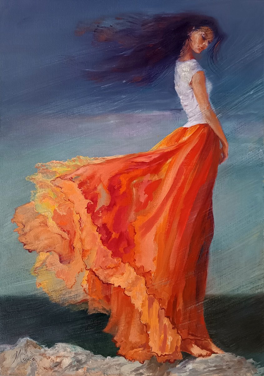 Expressive Portrait Oil Painting By Isabel Mahe, 19 X 26, The Call Of The Sea, Original Artwork