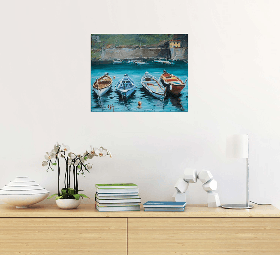 Boats in Vernazza. Original oil artwork. Seaside landscape. Italy impresssionism turquoise sea colors