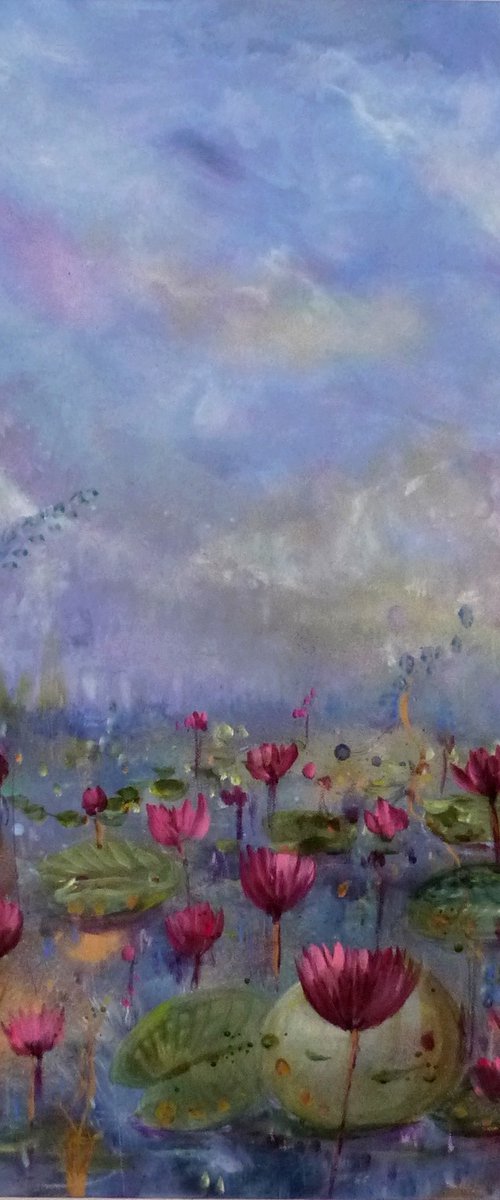 The sacred blooms 70 x70 cm. Impressionist landscape with water lilies by Loetitia Pillault