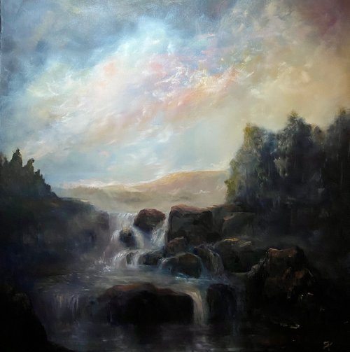 Waterfall under pearlescent sky by Heidi Irene Kainulainen
