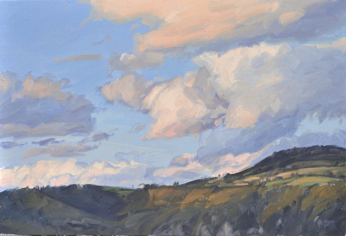 Impressionistic Landscape Oil Painting By Anne Baudequin, 24 X 16, Velay Mountains, Evening, Original Artwork