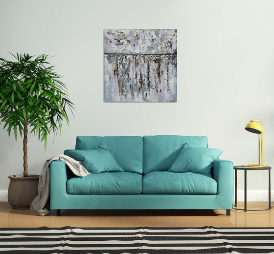 "Snow" white textured abstract Painting - 90 x 90 cm - Original oil painting