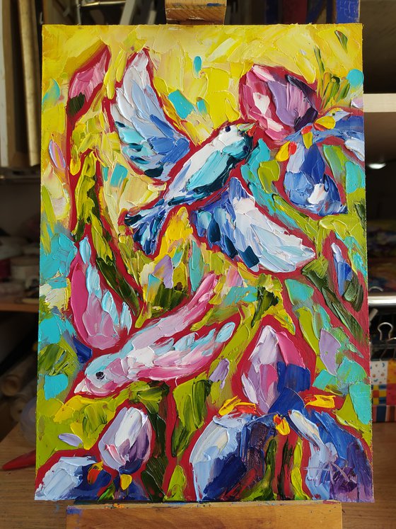 Dance in the garden - love, birds, hummingbird, love, irises, flowers, oil painting, irises flowers, gift idea