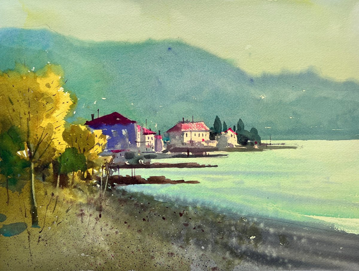 Impressionistic Landscape Watercolour By Andrii Kovalyk, 16 X 12, Autumn Morning At The Sea, Original Artwork
