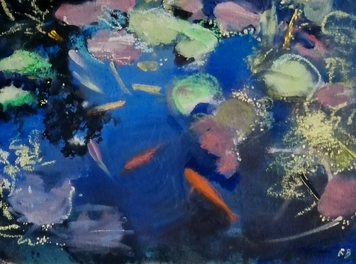 Impressionistic Landscape Oil Painting By Rosemary Burn, 16 X 12", Two Goldfish, Original Artwork