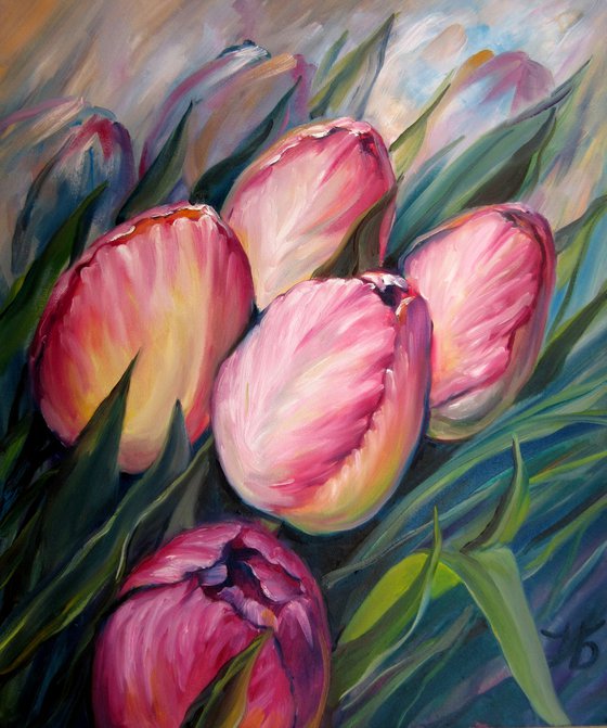 PINK TULIPS Realistic Art Floral by Nadia Bykova