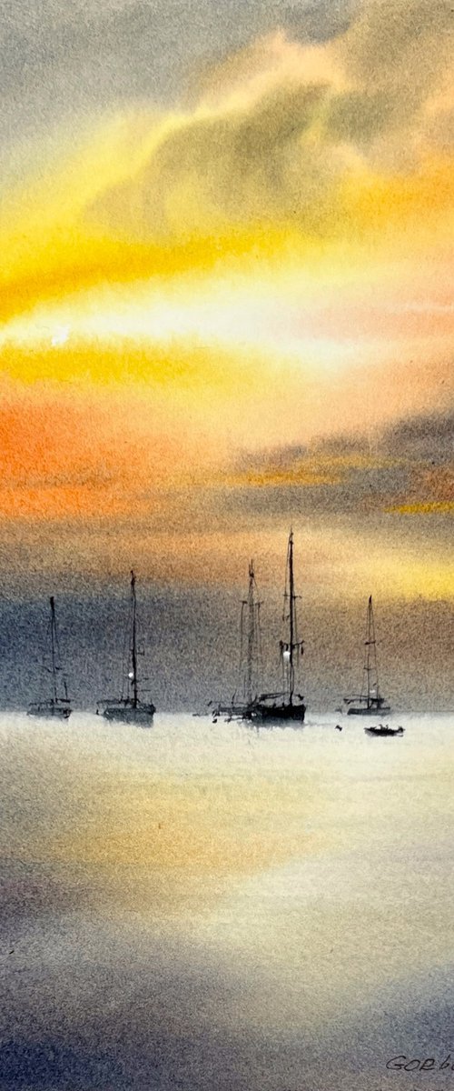 Yachts at sunset #12 by Eugenia Gorbacheva