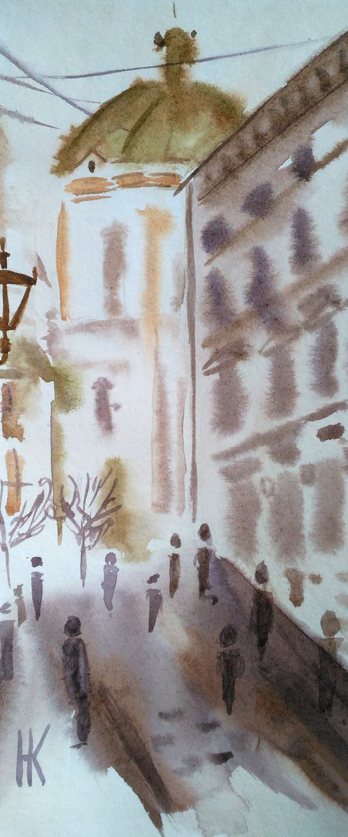 Lviv Painting Cityscape Original Art Ukraine Small Watercolor Artwork 8 by 12 inches by Halyna Kirichenko