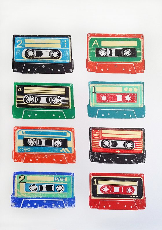 Linocut tapes #28 (cassette tapes, retro music, 70's, 80's rock culture)