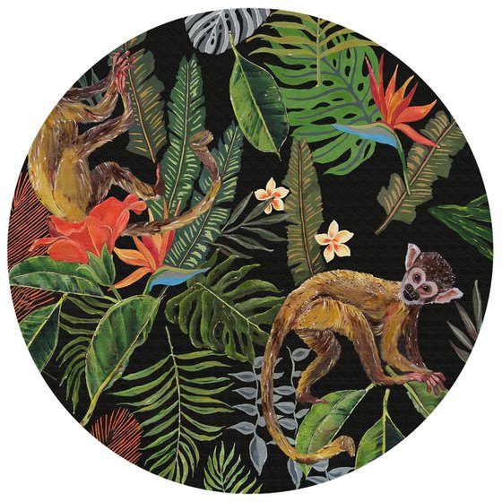 Jungle - Tropical - Monkeys - Art-Deco - Organic Floral, XL LARGE PAINTING