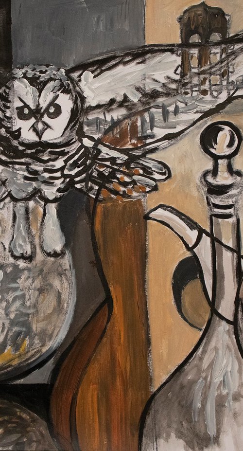 Stillife with flying owl sketch by René Goorman