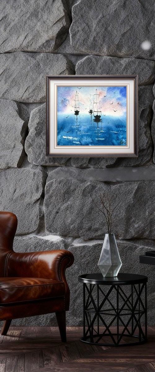 Seascape 3 yachts and seagulls by Yuliia Sharapova