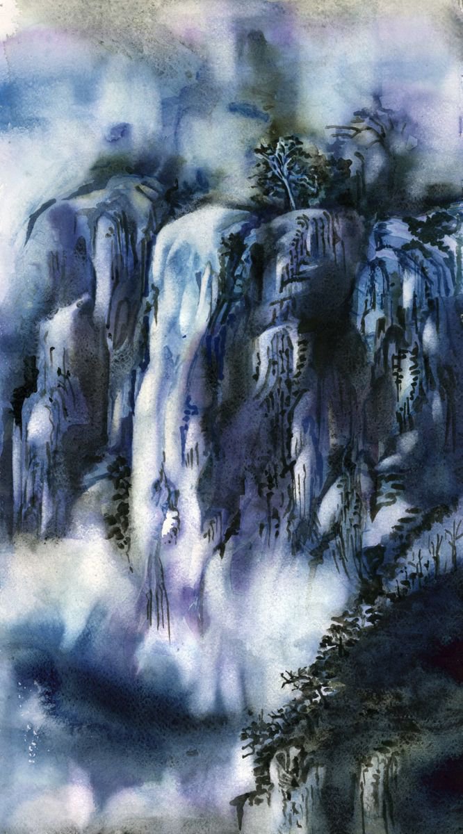 Impressionistic Landscape Watercolour By Alfred Ng, 12 X 21, Mountains With Waterfalls, Original Artwork