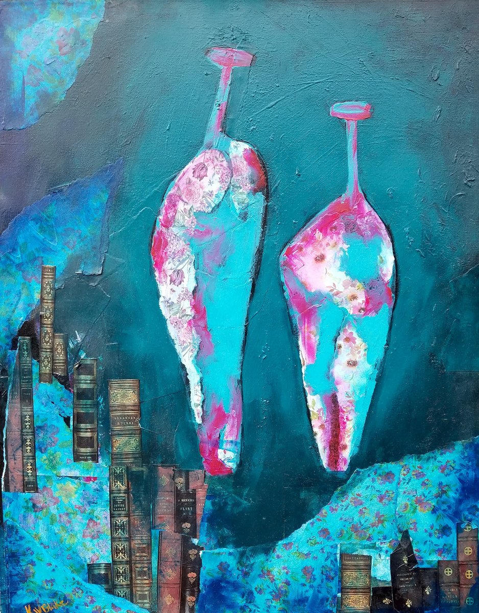 Still Life Painting By Kevin Blake, 24 X 30", Teal & Rose Vases, Original Artwork