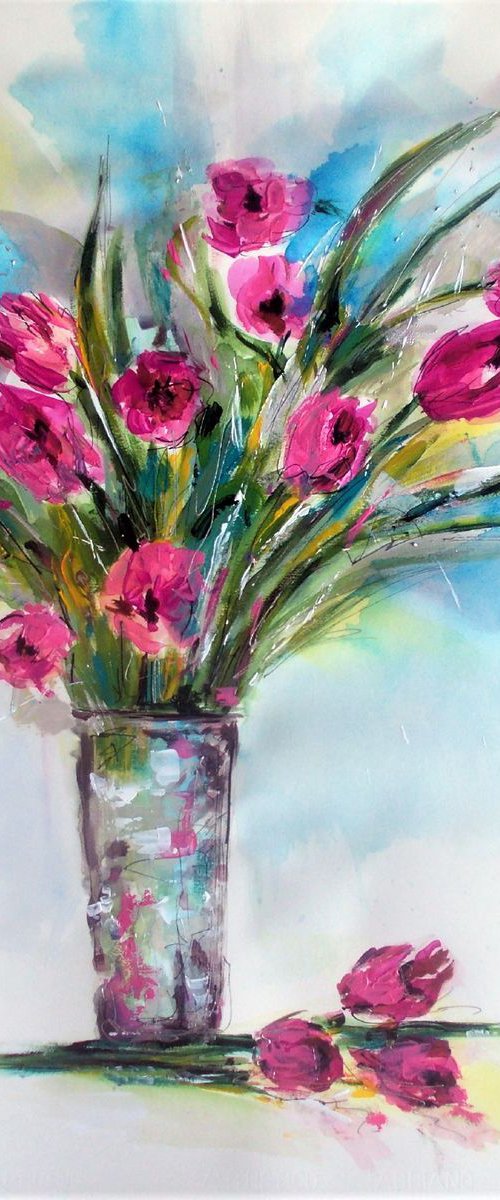 Pink Tulips - Watercolor , Acrylic Tulip In A Vase Painting by Antigoni Tziora