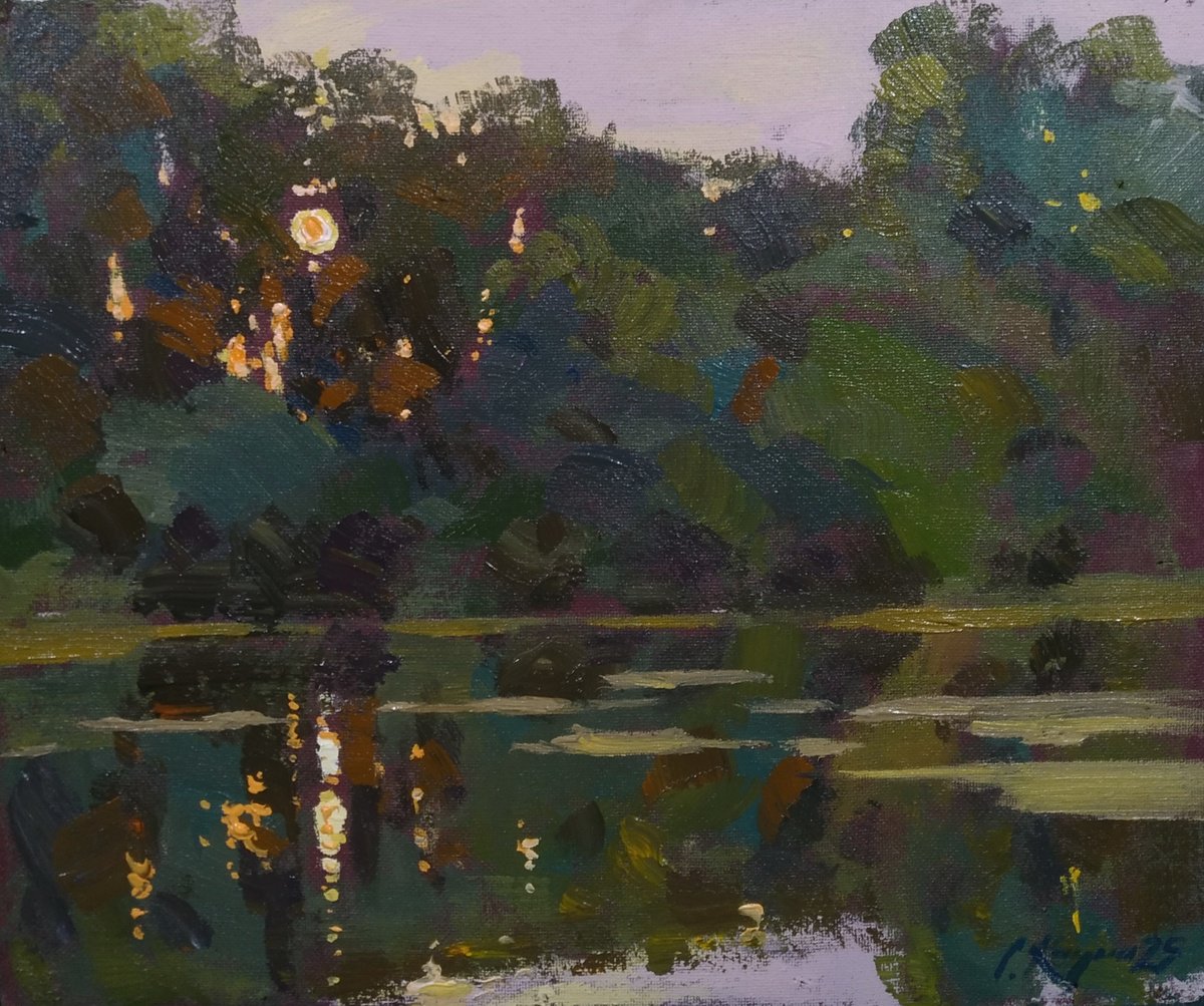 Impressionistic Landscape Acrylic Painting By Sergey Kachin, 22 X 19", Sunset, Original Artwork