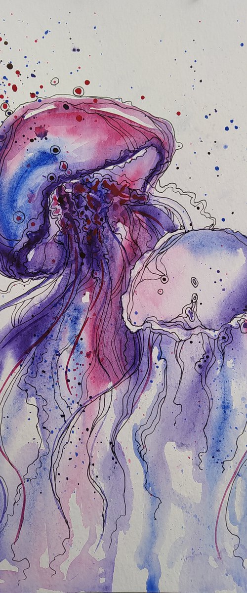 In the ocean -  watercolor painting, jellyfish, jellyfish painting, ocean, sea, animals, life of jellyfish by Anastasia Kozorez